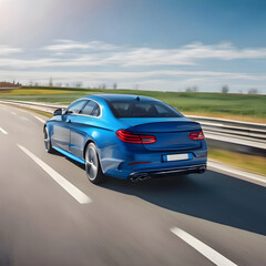 Fototapeta premium Modern blue car on road rides at speed with motion blur background, extreme