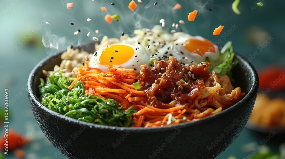 Poster vibrant levitating bibimbap in high resolution studio shot with professional color grading for websi