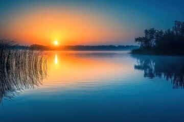 Obraz premium Misty Sunrise Over a Calm Lake with Silhouetted Trees