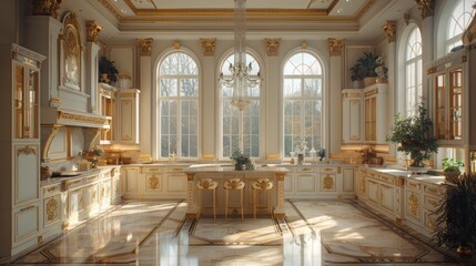 Fototapeta premium Elegant kitchen with high ceilings and ornate gold detailing, illuminated by sunlight through large windows. Concept of luxury living and opulence. For interior design inspiration