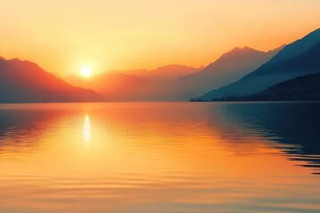 Fototapeta premium Sunset Over a Still Lake with Mountain Silhouette