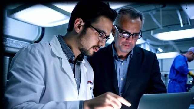 The developer, wearing a white lab coat over a casual shirt, leans in, pointing at the screen, while the project manager, dressed in a smart blazer, nods with a thoughtful expression.