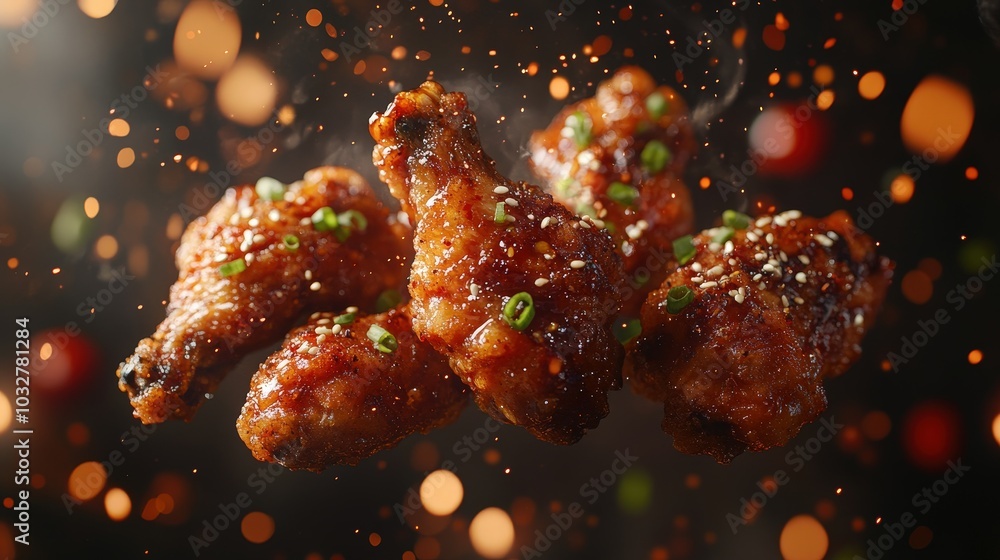 Poster crispy korean fried chicken delight - high-resolution minimalistic shot with sparkling reflex on gra