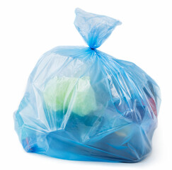 Blue plastic bag full of trash on white background, isolated