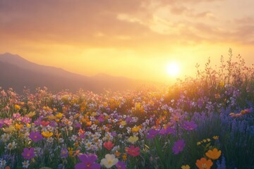 Fototapeta premium A Field of Wildflowers at Sunset