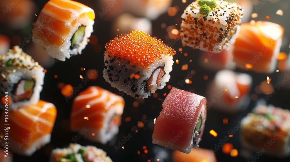 Poster vibrant sushi selection suspended in air with sparkling reflection on gradient background - minimali