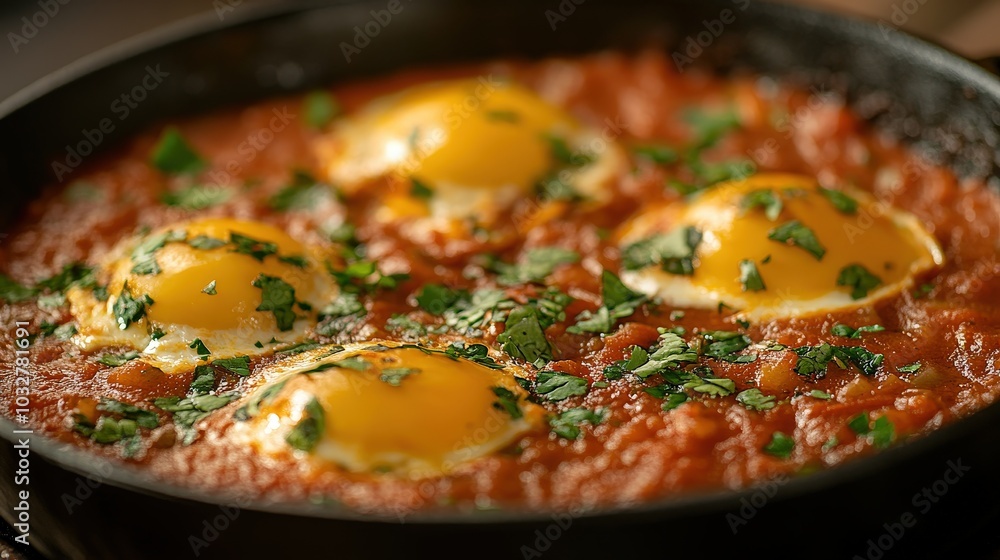 Poster vibrant shakshuka dish arranged in circular layout - top-down view emphasizing elegant curves