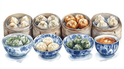 Ancient Dumplings Feast: Authentic 1600s Style Celebration in Warm Candlelight - Historical Details Watercolor Illustration on White Background