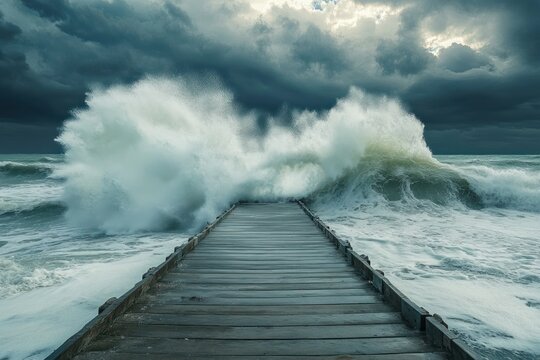 Wooden Pier Extending into a Stormy Sea with Large Waves Crashing - Powered by Adobe