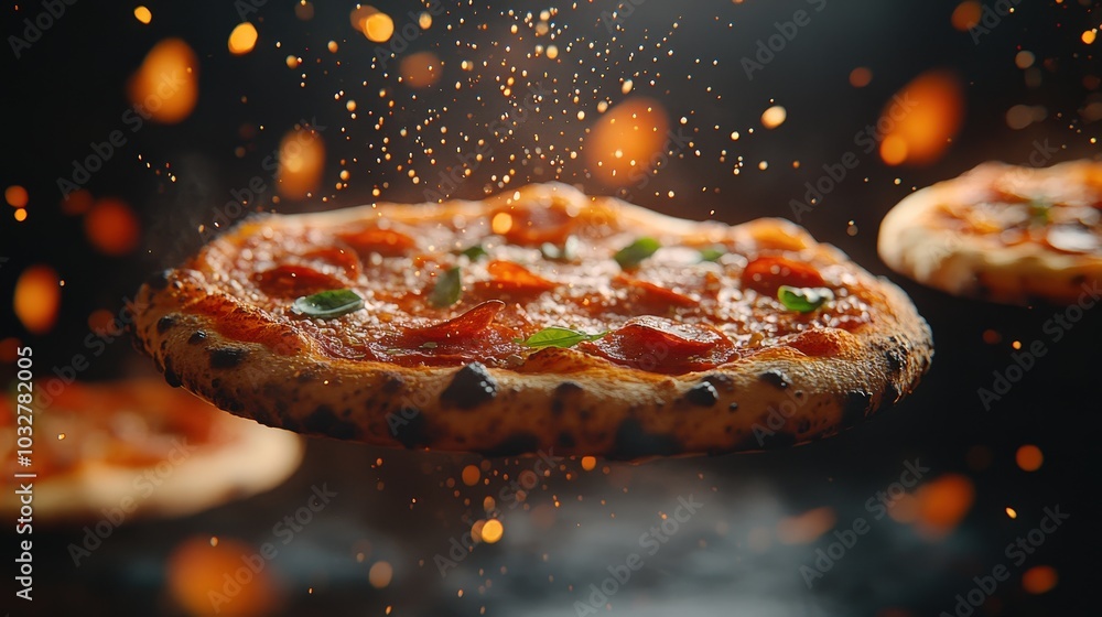 Aufkleber hyperreal neapolitan pizza suspended in air with sparkles on gradient background