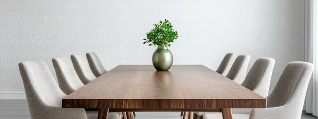 Minimalist dining room with dark wood table and high back chairs