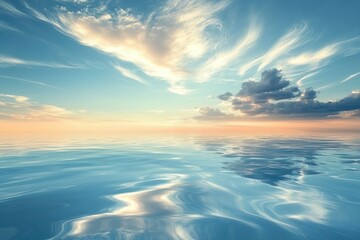 Obraz premium Tranquil Blue Water Surface Reflecting Cloudy Sky at Sunset