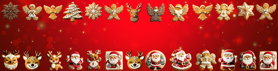 Fototapeta premium set of tasty decored christmas gingerbread cookies isolated over red background; xmas mood