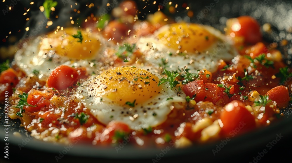 Poster levitating shakshuka in minimal hyperdetail - 16k photo with sparkling reflex on black to orange gra