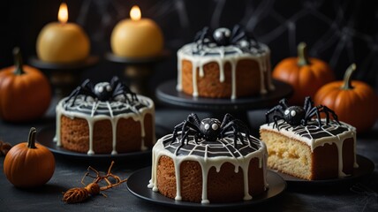Three Halloween cakes decorated with spiders and spiderwebs, with two pumpkins and candles in the background.