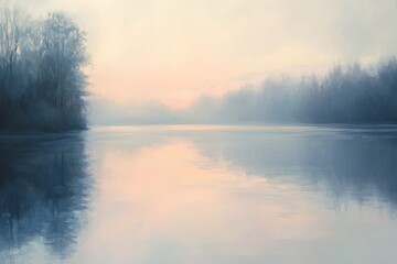 Fototapeta premium Serene Foggy Sunrise Over a Still Lake