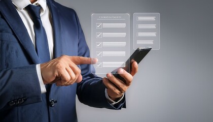 Close up of businessman hand pointing at cellphone creative digital document on gray background. Online survey and digital form checklist. Vote concept