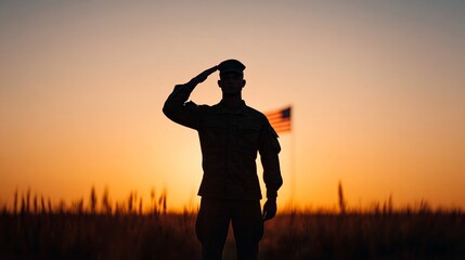 Silhouette of a soldier saluting at sunset, with a waving American flag in the background, symbolizing remembrance on Veterans Day 