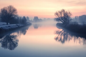Obraz premium A Misty River Reflecting Bare Trees at Sunrise