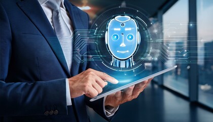 Close up of businessman hand using tablet with glowing robot head on blurry office interior background. Chat bot and customer service concept.