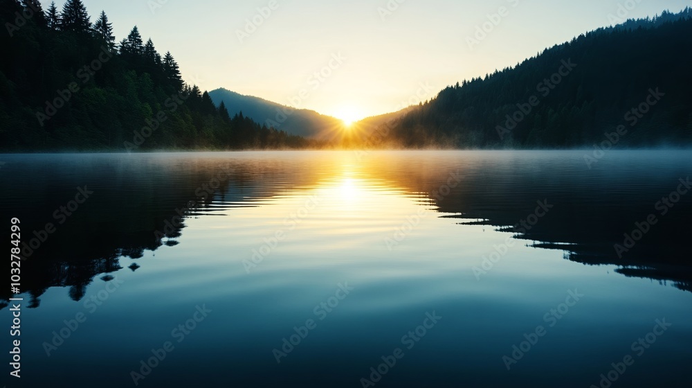 Poster A dense layer of fog gently rolling over a serene lake at sunrise, obscuring the distant trees, with soft sunlight filtering through the mist, creating an ethereal and peaceful scene 