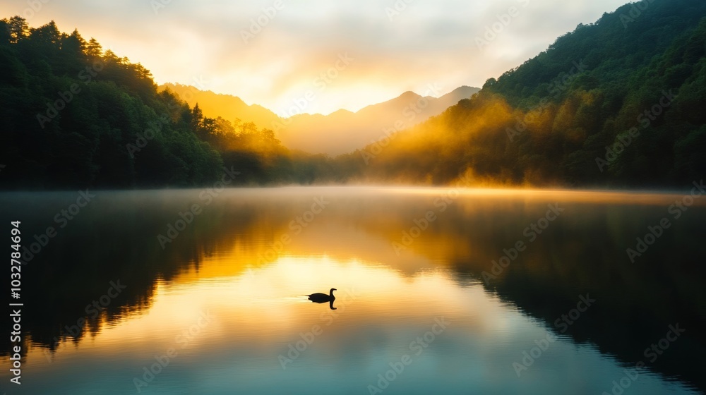 Wall mural A dense layer of fog gently rolling over a serene lake at sunrise, obscuring the distant trees, with soft sunlight filtering through the mist, creating an ethereal and peaceful scene 