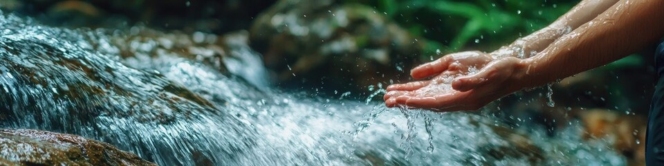 hands collect water in a waterfall. Selective focus