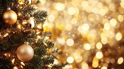 Obraz premium A beautiful Christmas tree with shiny gold balls against a backdrop of sparkling golden Christmas lights. The picture captures the magical and festive atmosphere of Christmas.
