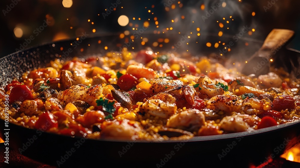 Poster vibrant paella floating in air with sparkles on gradient background in 16k resolution