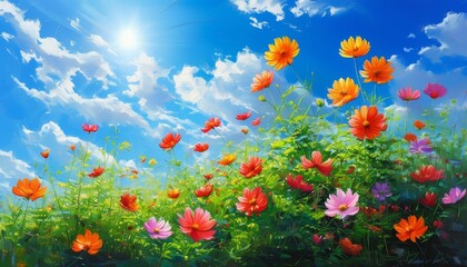 Fototapeta premium Summer, sunny, blue sky with white clouds, green plants, blooming colorful flowers