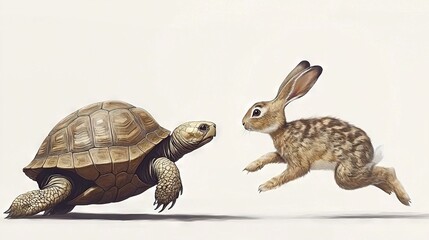 Naklejka premium Rabbit chasing Tortoise with back legs