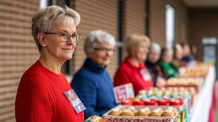 Community fundraiser bake sale with tables full of homemade goods, friendly volunteers interacting with guests, colorful donation boxes, and banners supporting the cause 