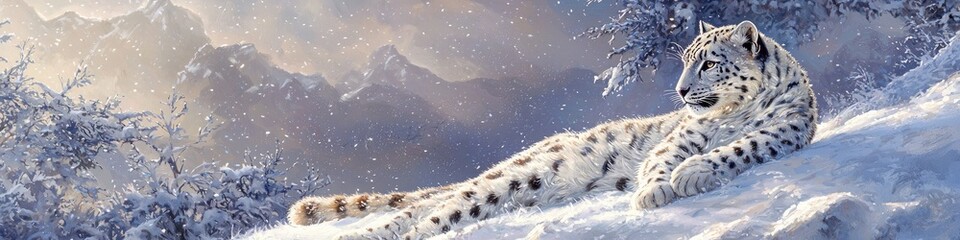 Fototapeta premium white leopard in the snowy forest. Selective focus
