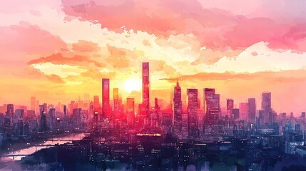 Fototapeta premium A stunning cityscape at dusk, with water shimmering in the foreground under the fading sun