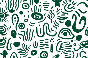 Simple line art pattern featuring dark green lines on a white background, showcasing various shapes and symbols with clean lines and geometric forms.