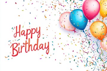 Happy birthday card with text "Happy Birthday" and balloons, confetti, and ribbons on a white background Generative AI