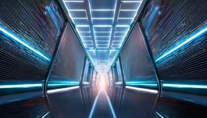 Obraz premium Futuristic corridor with neon lights and reflective floor. 3D Rendering