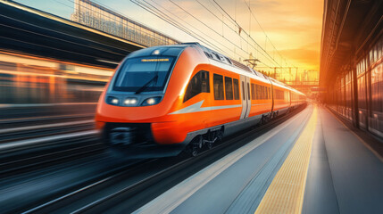 Naklejka premium Fast-traveling train in vibrant sunset at bustling railway station on a summer evening