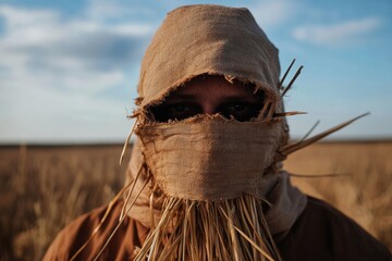 A person is shrouded in burlap with straw elements, creating a mysterious and eerie look in an open field under a clear sky, evoking intrigue and mystery.