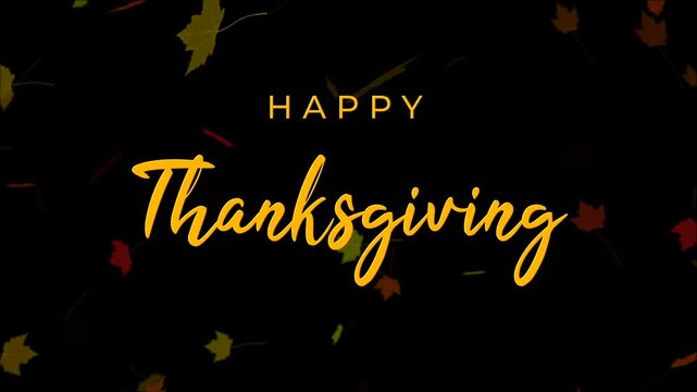Happy thanksgiving animation celebration drawing text, gold animated text with dry maple leaves background