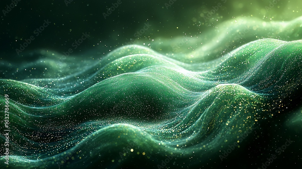 Poster abstract green and gold glowing waves with soft light and particles.