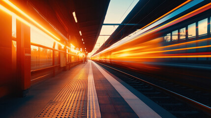 Fast-traveling train in vibrant sunset at bustling railway station on a summer evening