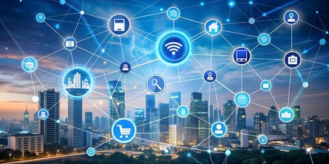 Cityscape with Smart Technology Network Connections and IoT Communication Representing Future Connectivity