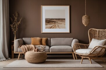 Scandinavian, Boho interior design of modern living room with accent armchair and big frame on brown wall. Lively decor highlights a simple, country style with modern elements.