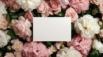 Chic St Valentine's Day mockup with a blank card nestled in a bed of soft pastel pink flowers and gold accents, ready for customization with a romantic message 