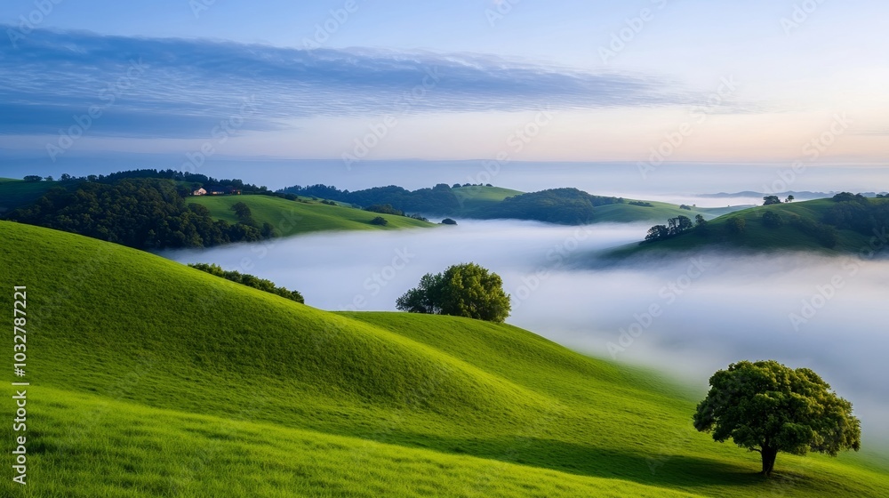 Poster dense fog rolling over rolling hills in the countryside, with only the tops of trees and distant far