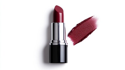 Open burgundy lipstick tube resting on a glossy white surface, with a faint swipe of color beside it, capturing the deep, rich hue of the shade 