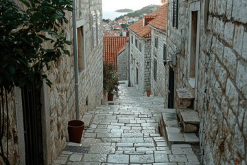 Stone Alleyway Leading to a View of the Sea and Coastal City