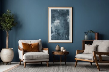 Scandinavian, Boho interior design of modern living room with accent armchair and big frame on blue wall. Lively decor highlights a simple, country style with modern elements.