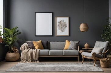 Scandinavian, Boho interior design of modern living room with accent armchair and big frame on grey wall. Lively decor highlights a simple, country style with modern elements.